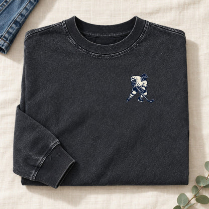 Ice Hockey Shot Left Chest Washed Long Sleeve T-Shirt – Black