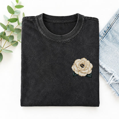 Camellia Double Bloom Left Chest Vintage T-shirt – Black