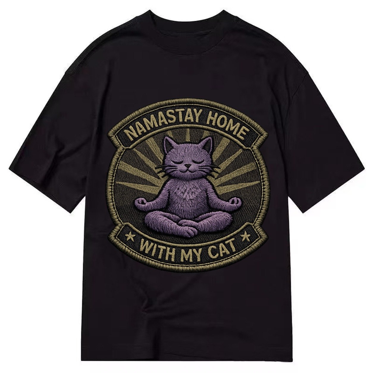 Embroidered Patch Design Namastay Home With My Cat Yoga Cat Classic T-shirt – Black