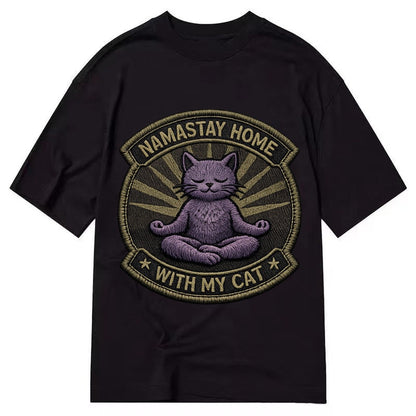 Embroidered Patch Design Namastay Home With My Cat Yoga Cat Classic T-shirt – Black