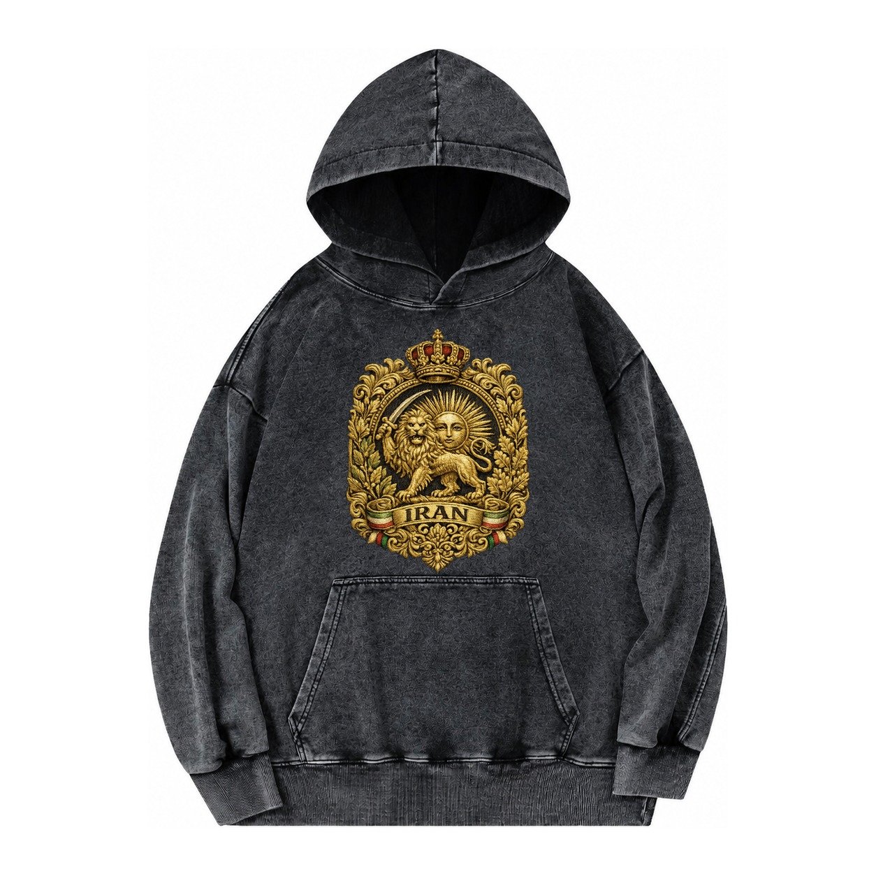 Iran Lion Sun Badge Vintage Washed Hoodie – Black