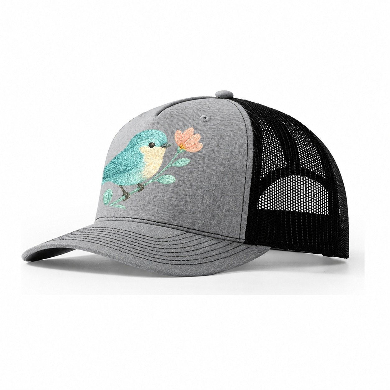 Aqua Chickadee Perched On Mint Eucalyptus Turquoise Cap Swee Trucker Hat – Sport Grey-Black