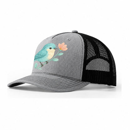 Aqua Chickadee Perched On Mint Eucalyptus Turquoise Cap Swee Trucker Hat – Sport Grey-Black