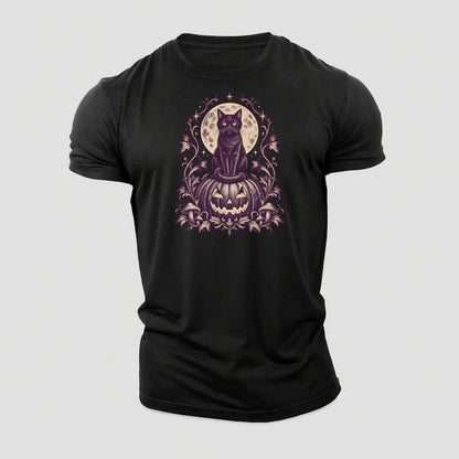 A Black Cat Sitting Upright On Top Of A Large Carved Jack O Lantern Tail Curled Around Its Paws A Full Moon Glowing Behind It Wordless Single Hue Gothic Engraving Portrait Midnight Haunt Cotton T-Shirt – Black