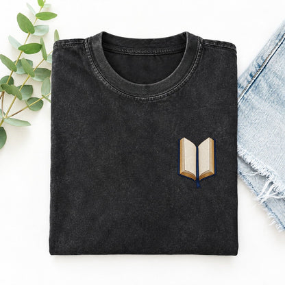 Open Book Symbol Emblems Left Chest Vintage T-shirt – Black