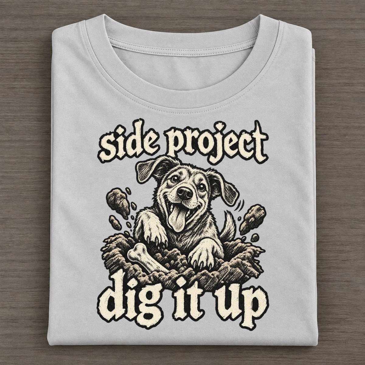 A Dog Waist Deep In A Hole Seen From The Front With Soil Flying Bark For Me Classic T-shirt – Grey
