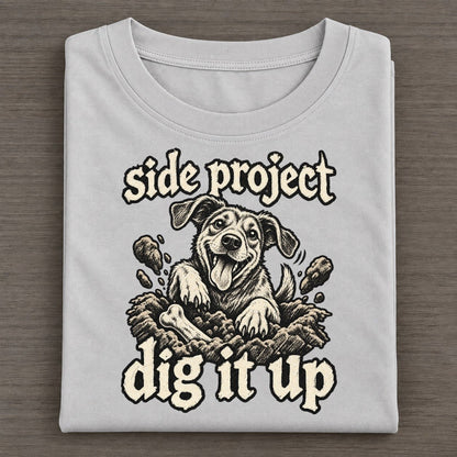 A Dog Waist Deep In A Hole Seen From The Front With Soil Flying Bark For Me Classic T-shirt – Grey