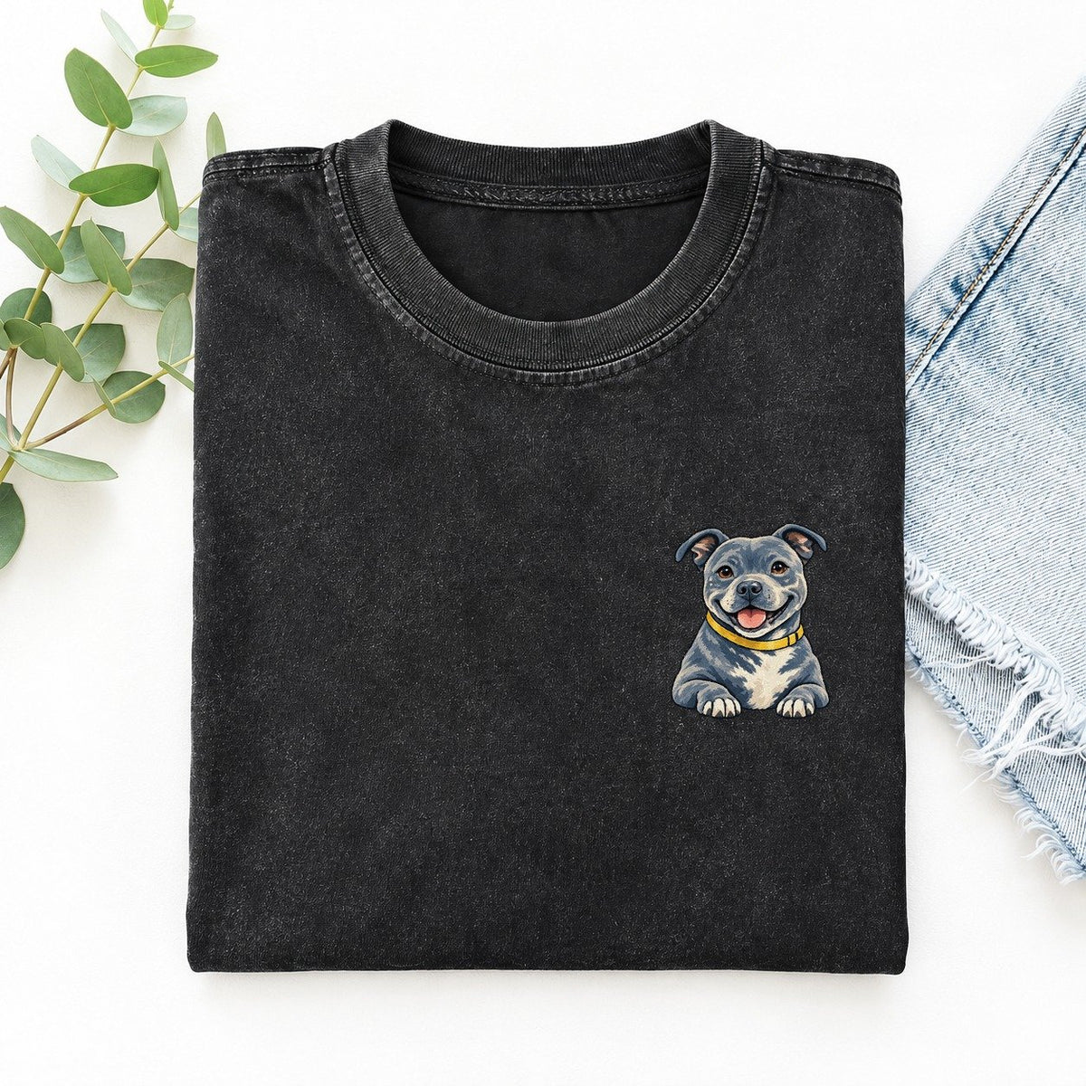 Staffordshire Bull Terrier Left Chest Vintage T-shirt – Black