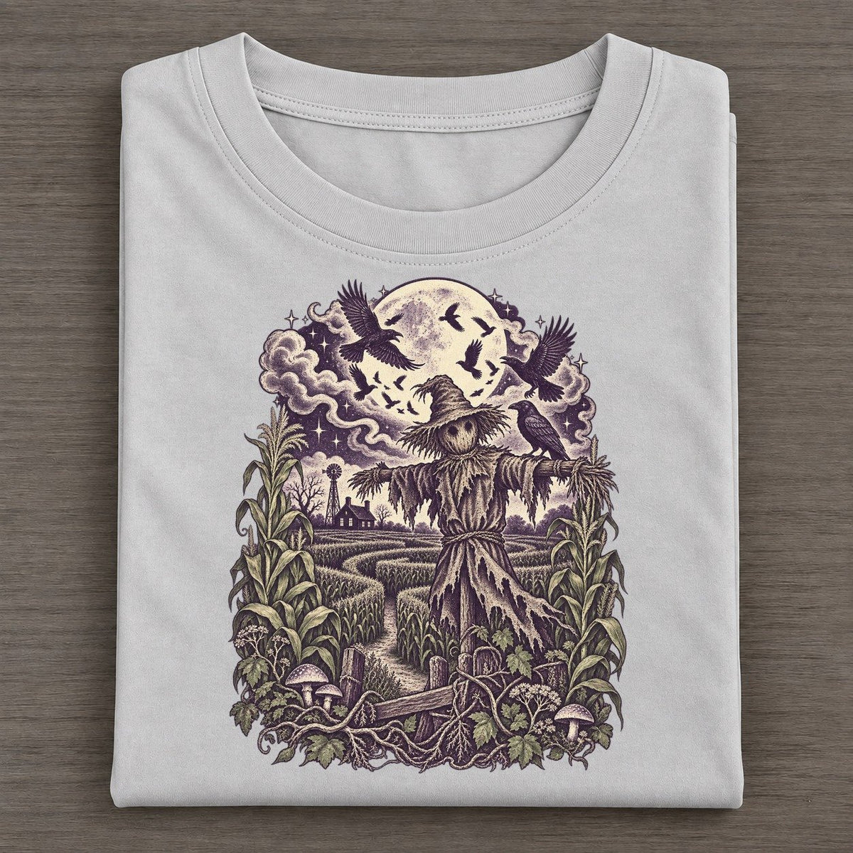 Cornfield Scarecrow Crows Midnight Haunt Classic T-shirt – Grey
