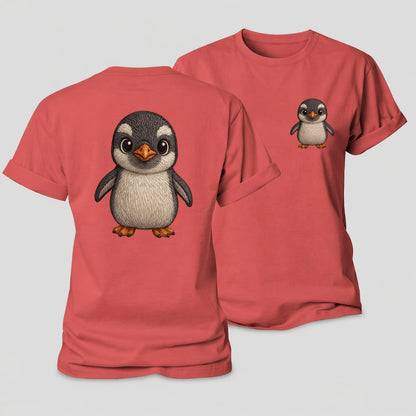 Baby Gentoo Penguin Orange Beak White Cap Bright Eyes Front Facing Energetic Women's Cotton T-Shirt – Coral Red