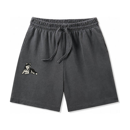 Siberian Husky Black And White Relaxed Lying Down With Head Washed Shorts – Dark Gray
