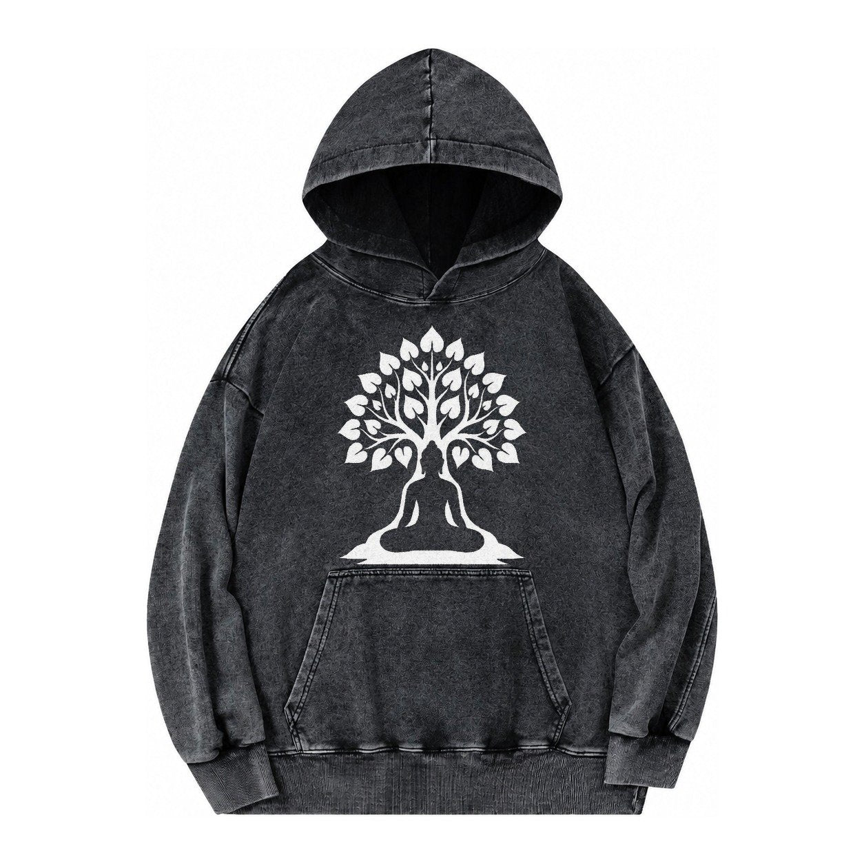 Buddha Silhouette Meditating Negative Space Forms Bodhi Tree Vintage Washed Hoodie – Black