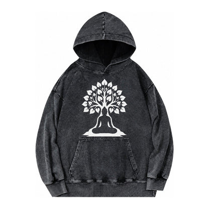 Buddha Silhouette Meditating Negative Space Forms Bodhi Tree Vintage Washed Hoodie – Black