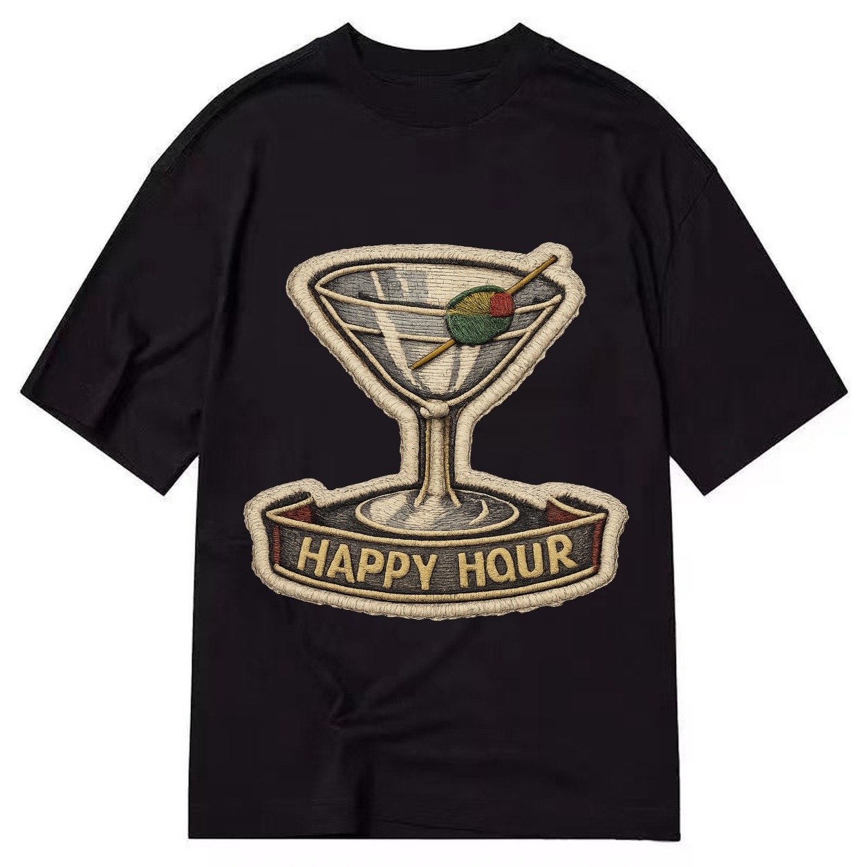 Embroidered Patch Design Cocktail Martini Martini Glass With Classic T-shirt – Black