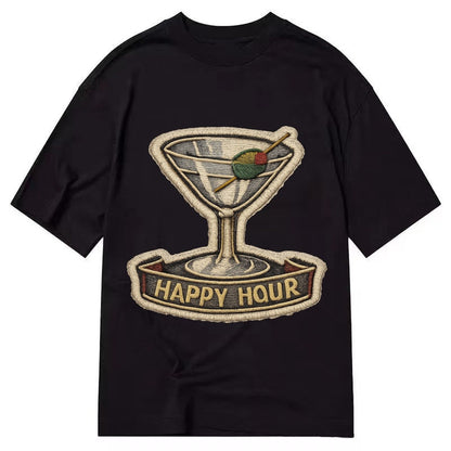 Embroidered Patch Design Cocktail Martini Martini Glass With Classic T-shirt – Black