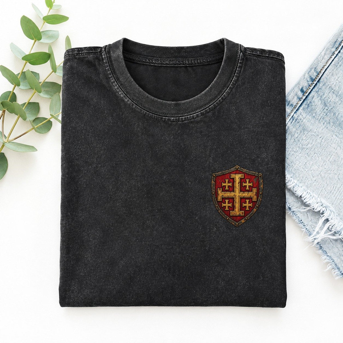 Crusader Shield Left Chest Vintage T-shirt – Black