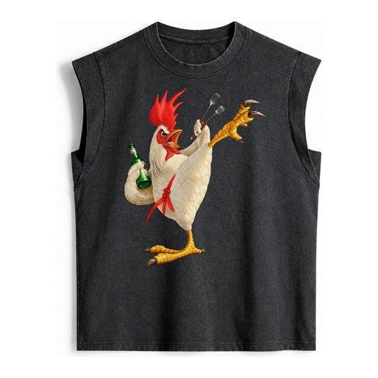 Rooster Printed Unisex Baseball Cap Solid Color Washed Distr Vintage Washed Tank – Black