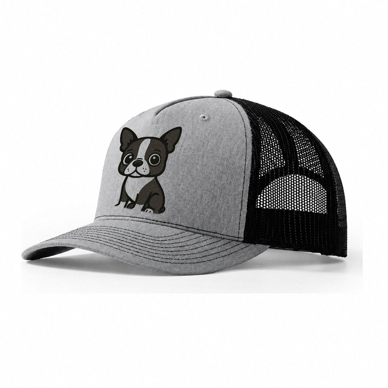 Boston Terrier Black And White Sitting Pose With Tuxedo Mark Trucker Hat – Sport Grey-Black