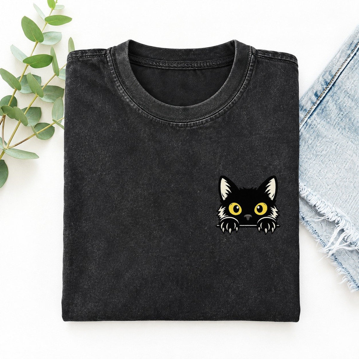 Yellow Eyed Black Cat Left Chest Vintage T-shirt – Black