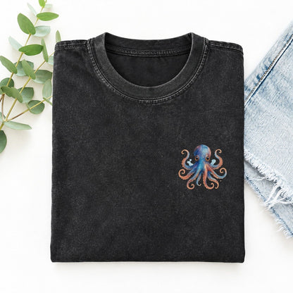 Cute Octopus Left Chest Vintage T-shirt – Black