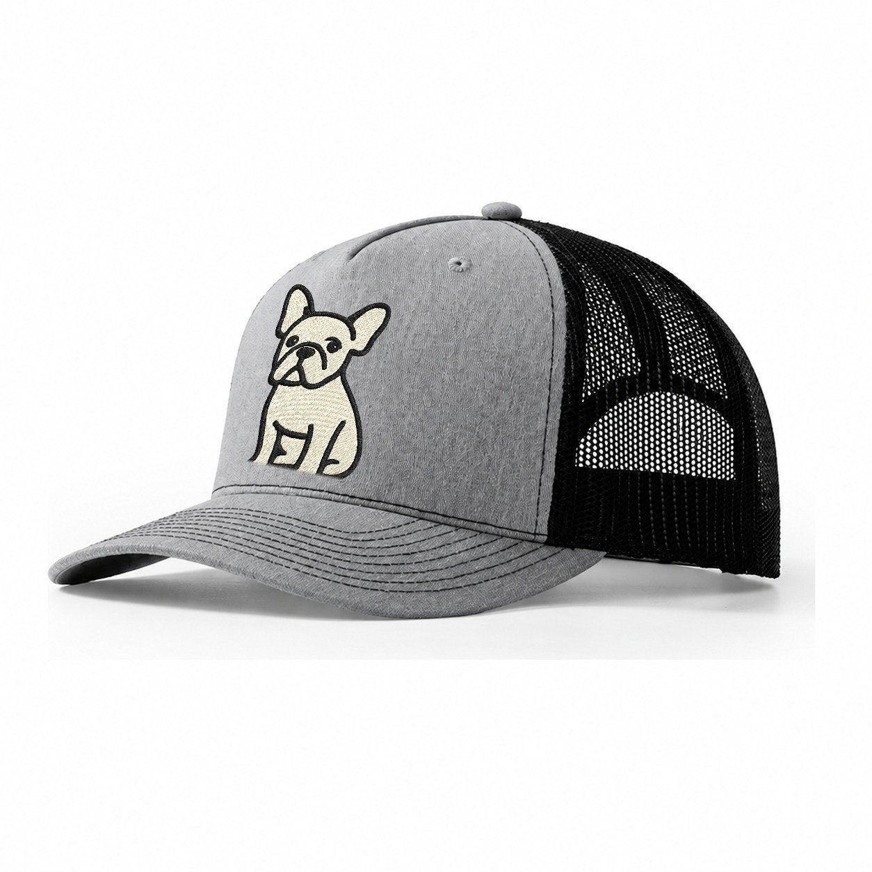 French Bulldog Head Tilt One Ear Up Trucker Hat – Sport Grey-Black