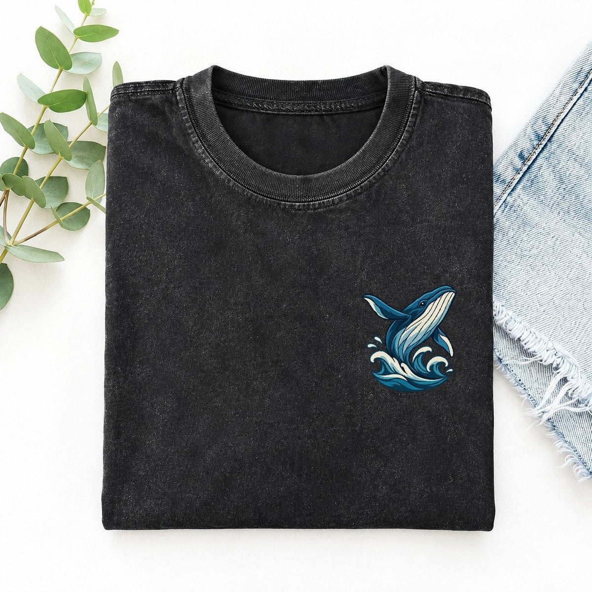Whale And Waves Left Chest Vintage T-shirt – Black