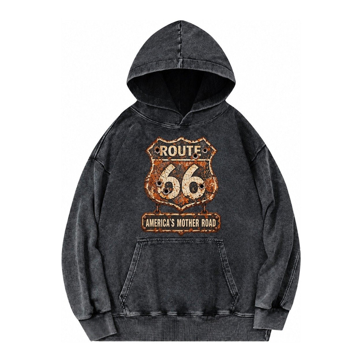Route 66 Weathered Vintage Washed Hoodie – Black