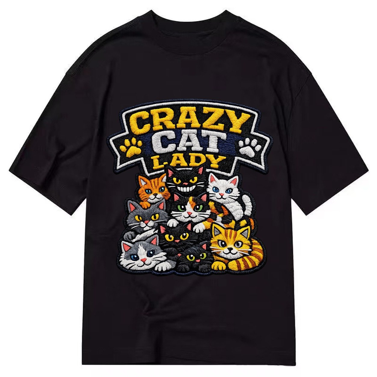 Embroidered Patch Design Crazy Cat Lady Cat Pile In Multicol Classic T-shirt – Black
