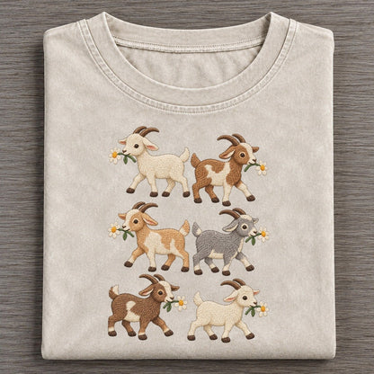 Goats With Daisies Single File Vintage T-shirt – Off White