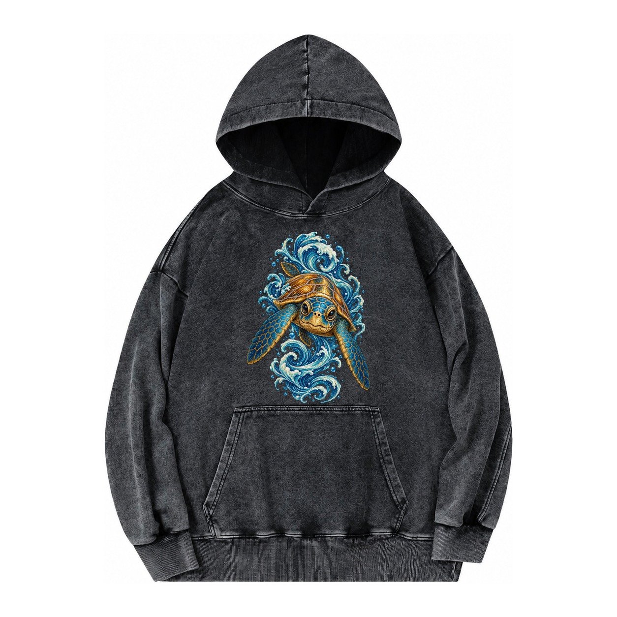Ornate Sea Turtle Vintage Washed Hoodie – Black
