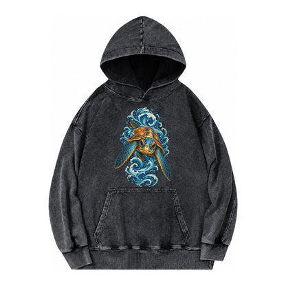 Ornate Sea Turtle Vintage Washed Hoodie – Black