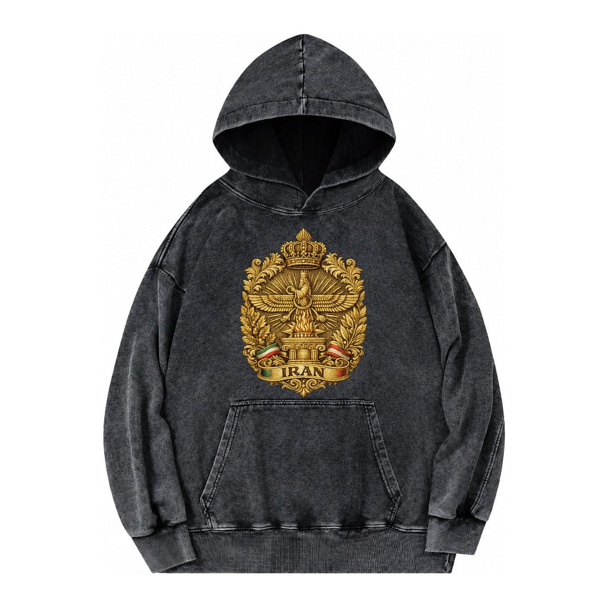 Iran Fire Temple Emblem Vintage Washed Hoodie – Black