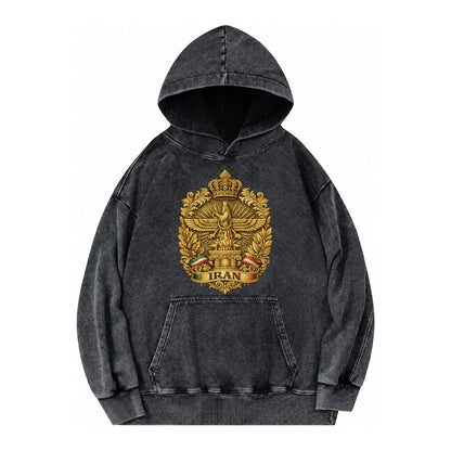 Iran Fire Temple Emblem Vintage Washed Hoodie – Black
