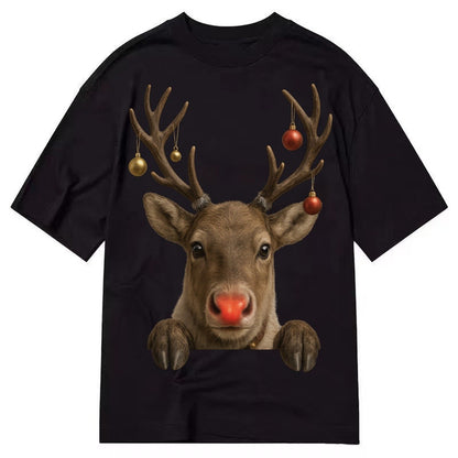 Christmas Reindeer Red Nose Glowing Antlers With Ornaments J Classic T-shirt – Black