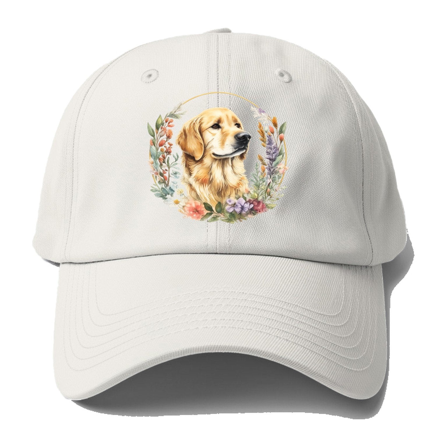 Golden Retriever Floral Portrait Baseball Cap – Off White