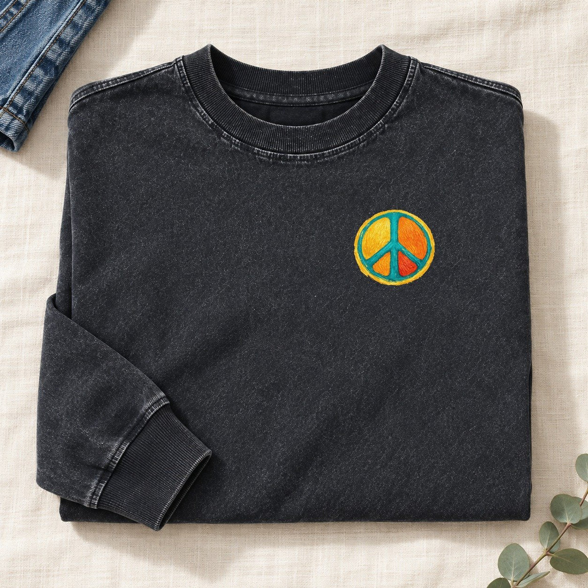 Golden Peace Left Chest Washed Long Sleeve T-Shirt – Black