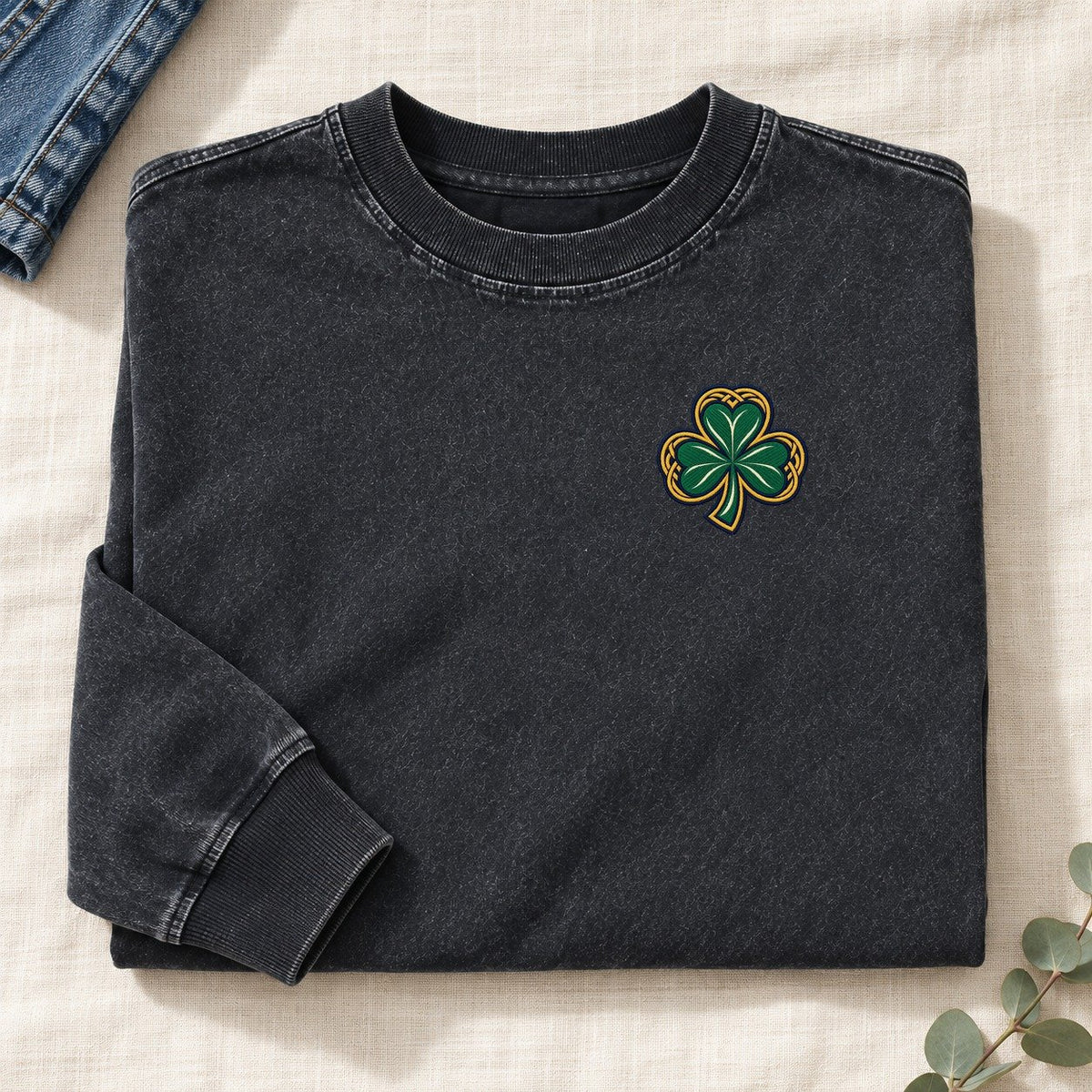 Celtic Shamrock Left Chest Washed Long Sleeve T-Shirt – Black