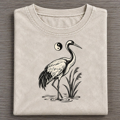 Daoist Balance Crane And Water World Faiths Ink Figures Vintage T-shirt – Off White