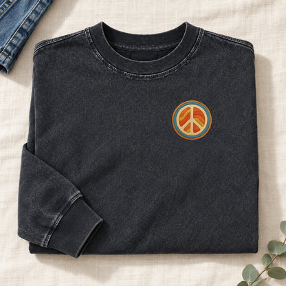 Retro Peace and Harmony Left Chest Washed Long Sleeve T-Shirt – Black