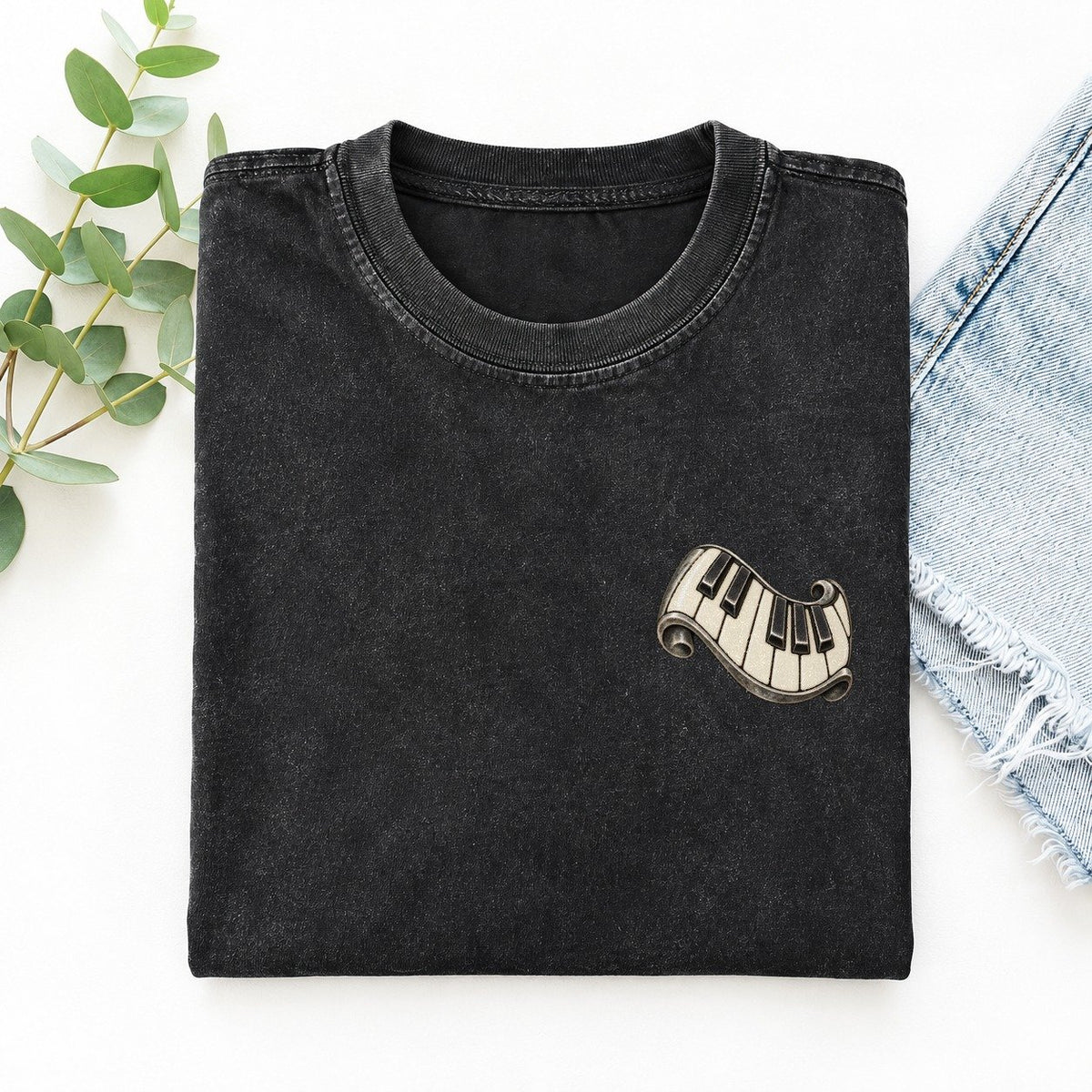 Piano Key Fold Keepsake Emblem Left Chest Vintage T-shirt – Black