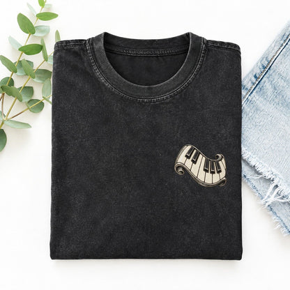Piano Key Fold Keepsake Emblem Left Chest Vintage T-shirt – Black