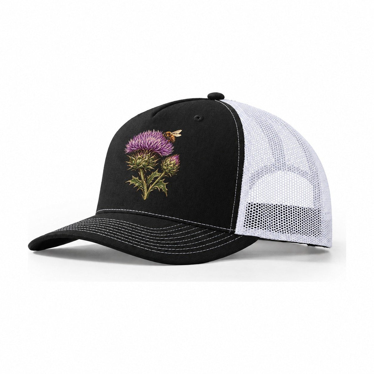 Thistle Bud And Honeybee Pastimes Companions Trucker Hat – Black White