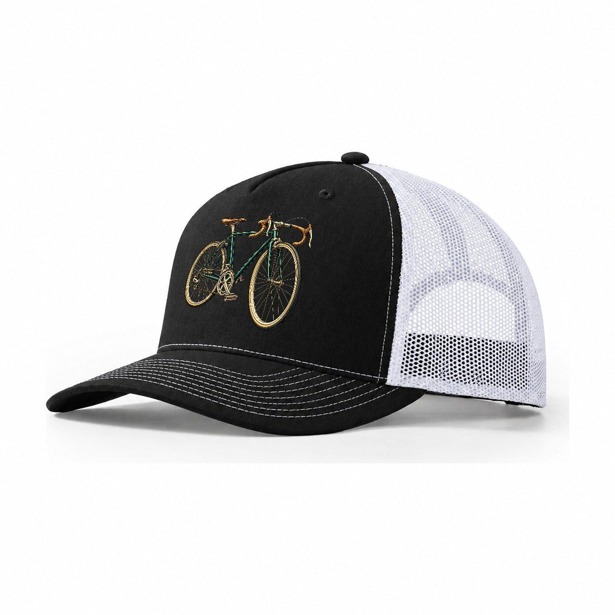 Road Bicycle Front Turn Pastimes Companions Trucker Hat – Black White
