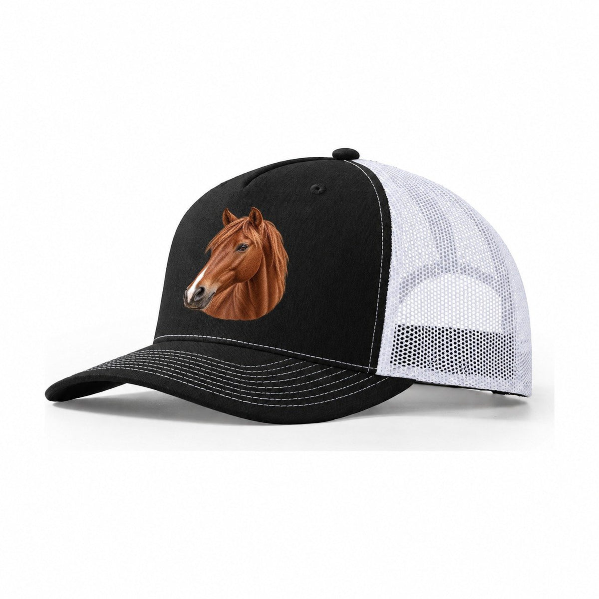 Chestnut Horse Gentle Muzzle Pastimes Companions Trucker Hat – Black White