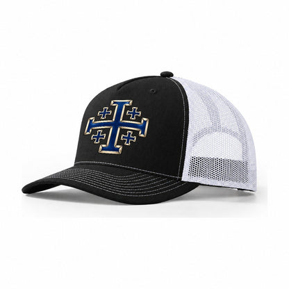 Jerusalem Cross Blue Enamel Character Club Trucker Hat – Black White