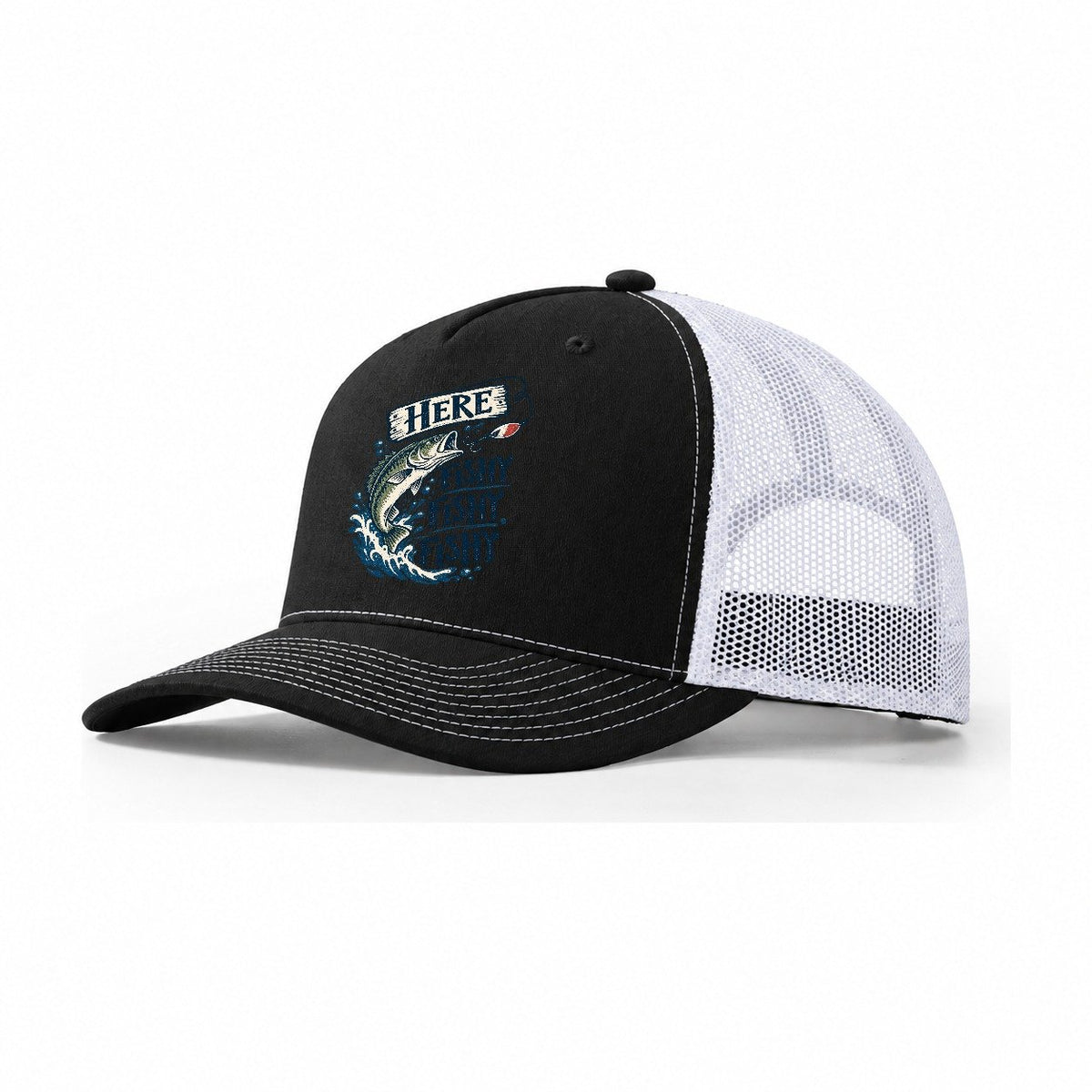 Here Fishy Fishy Bass Splash Trucker Hat – Black White