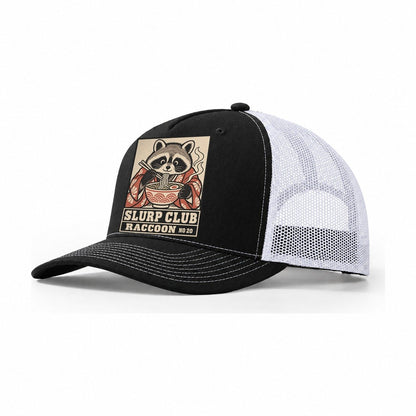 Raccoon Stolen Slurp Club Trucker Hat – Black White