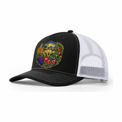 Seven Species Arrangement Jerusalem Trucker Hat – Black White