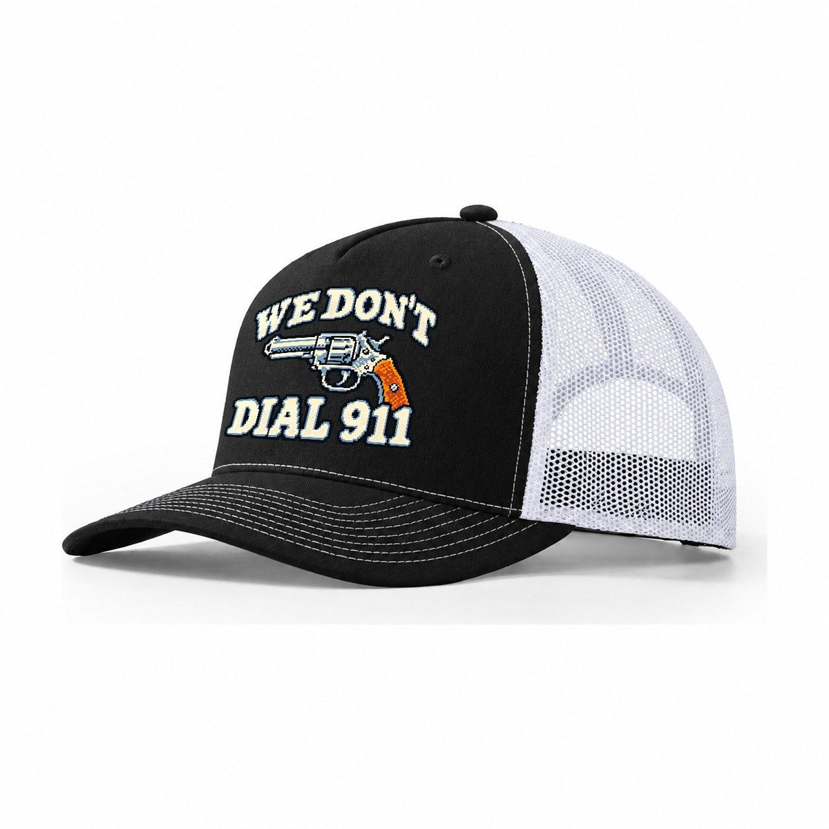 Arcade Pixel We Don't Dial 911 Trucker Hat – Black White