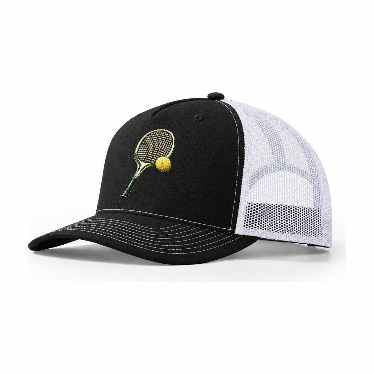 Tennis Racket Ball Balance Pastimes Companions Trucker Hat – Black White